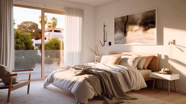 Bedroom Features A Plush Bed With Textured Layers Of Pillows And